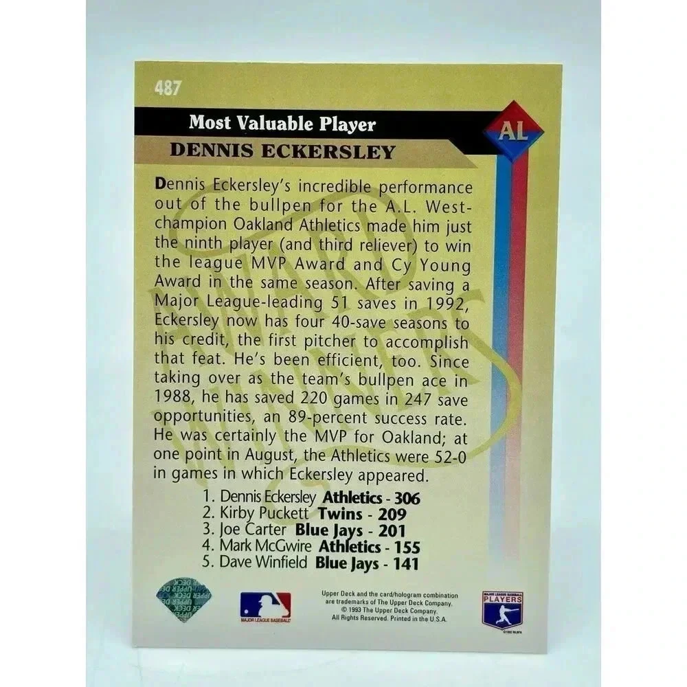 Dennis Eckersley #487 Oakland Athletics Baseball Team 1993 Upper Deck TCG Mint‎
